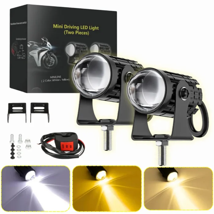 Motosiklet Scooter Mini Sis Farı Set Delici Işık Beyaz Sarı Metal Kasa 12V/24V Led Işık - Görsel 4