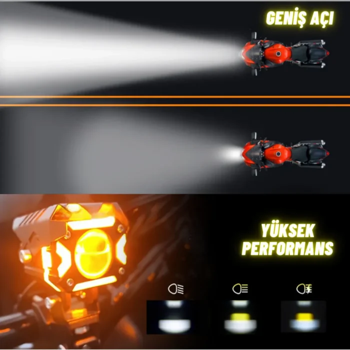 Ultra Parlak LED Motosiklet ve Off Road Sis Farı Çakarlı 4 Modlu Yüksek Performans Metal 12V-24V Led - Görsel 4