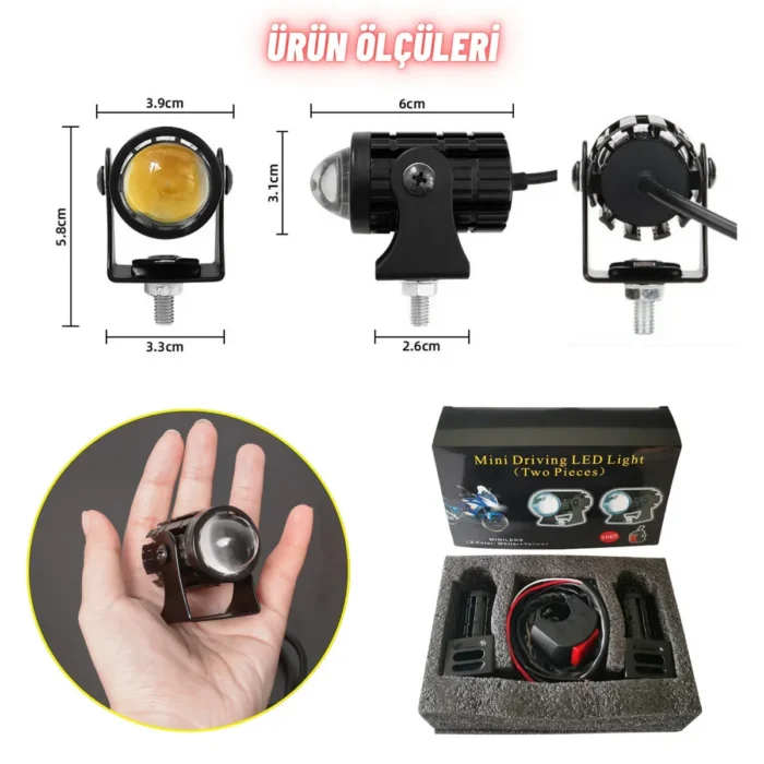 Motosiklet Scooter Mini Sis Farı Set Delici Işık Beyaz Sarı Metal Kasa 12V/24V Led Işık - Görsel 6