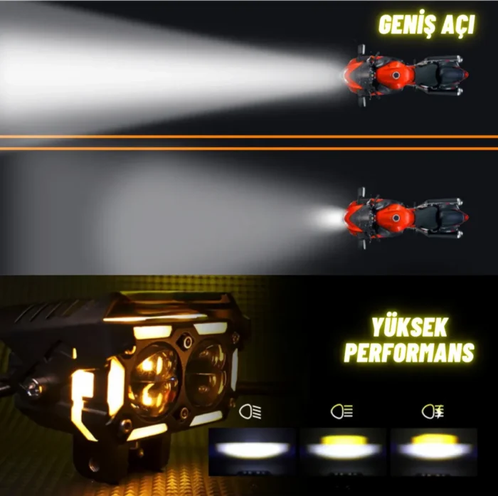 LED DRL Sinyalli Motosiklet Sis Farı Çakarlı Çift Renk 4 Modlu Delici Yüksek Performans Set - Görsel 1